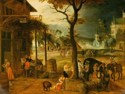 Pueblo con viajeros tomando un refresco en una posada (óleo sobre lienzo) de Sebastian (follower of) Vrancx