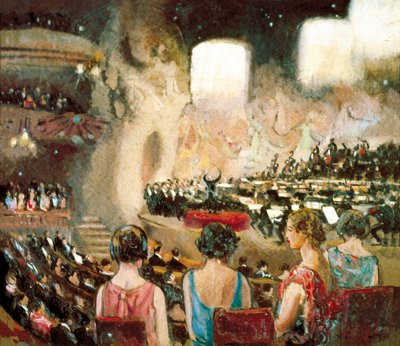 La orquesta de Pau Casals en el Palacio de la Música de Cataluña en Barcelona, 20º (óleo sobre lienzo) de Sebastian Junyent i Sans