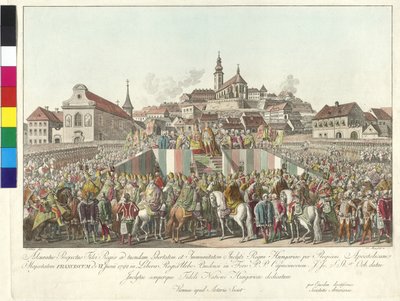 Coronación del emperador Francisco II al rey de Hungría en Budapest el 6 de junio de 1792 (grabado en cobre) de Sebastian Mansfeld