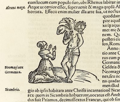Una bruja invoca a un demonio de tres cabezas, de la edición de 1550 de 