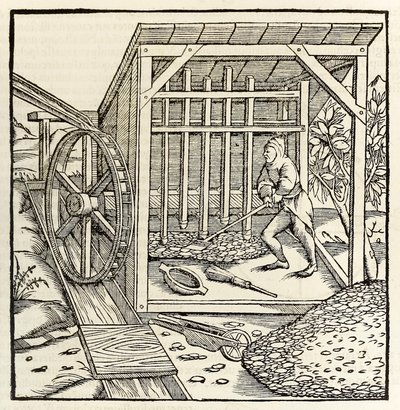 Minería con rueda hidráulica, de la edición de 1550 de 