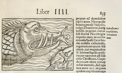 Ballena monstruosa devorando humanos, de la edición de 1550 de 