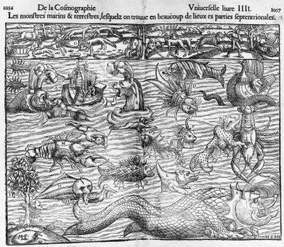 Monstruos marinos y terrestres, ilustración de Cosmographia Universalis, por Sebastian Munster (1489-1552) de Sebastian Munster