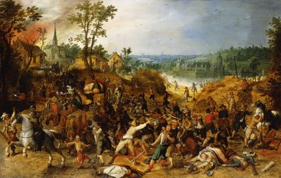 Un paisaje con merodeadores atacando un tren de vagones y saqueando un pueblo de Sebastian Vrancx