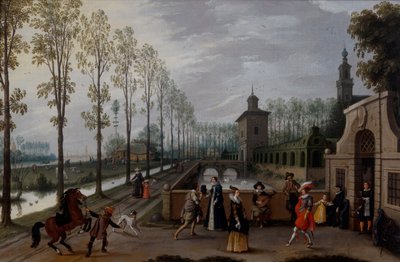 Una elegante compañía paseando frente a un palacio de Sebastian Vrancx