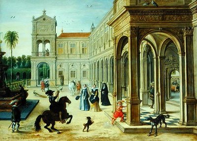 Jinete y figuras elegantes fuera del patio de un palacio de Sebastian Vrancx