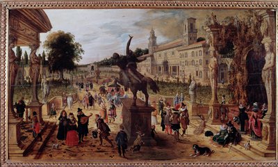 Paisaje con villa Médicis en Roma, Italia. Paseantes elegantes y músicos en el parque de Sebastian Vrancx