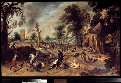 Saqueo en un pueblo Un grupo de jinetes saqueó y masacró a los habitantes de un pueblo, el cuerpo de una mujer desnuda yace en el suelo, otra es arrastrada por el cabello. Pintura de Sebastien Vrancx de Sebastian Vrancx