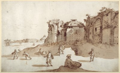Jóvenes jugando a la pelota dentro de los Baños de Diocleciano; S. Bernardino en la distancia; el largo muro de Bellaiani de Sebastian Vrancx