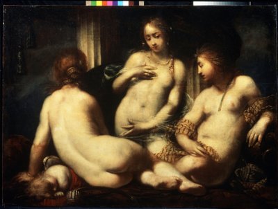 Las tres Gracias. (Las Tres Gracias). Pintura de Sebastiano Mazzoni (1611-1678), alrededor de 1650. Arte de estilo barroco florentino. Óleo sobre tela. Museo Pushkin de Bellas Artes, Moscú de Sebastiano Mazzoni