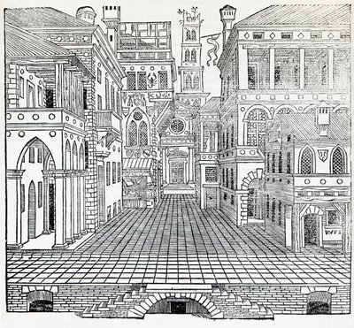 Escena mágica, diseño escénico teatral por Sebastiano Serlio, ilustración de Tratado de Arquitectura, Libro II de Sebastiano Serlio