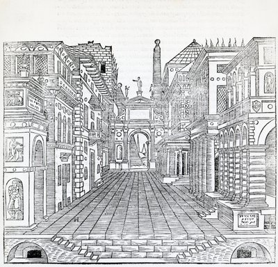 Escena mágica, diseño escénico teatral por Sebastiano Serlio, ilustración de Tratado de Arquitectura, Libro II de Sebastiano Serlio
