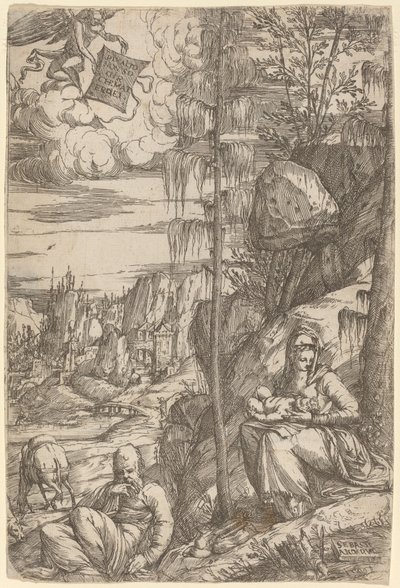 Paisaje con el Descanso en la Huida a Egipto de Sebastiano de Valentinis
