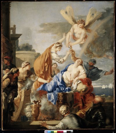 La mort de Dido"" (La muerte de Dido) Dido, reina de Cartago, incapaz de soportar el abandono de Eneas, prefiere suicidarse en la hoguera con la espada de Eneas. La diosa Iris corta con unas tijeras el pelo de Dido, símbolo del paso entre el de Sébastien Bourdon