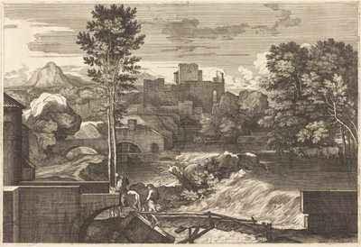 Paisaje con dos figuras en un puente de Sébastien Bourdon