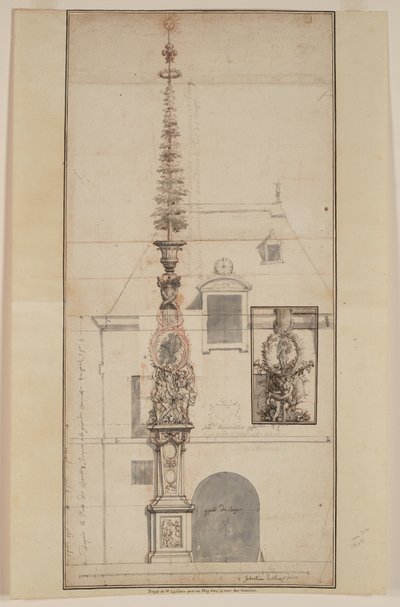 Projet de Mai des Gobelins permanent (anverso) (tiza negra, tiza roja, pluma y tinta negra y marrón, aguada gris, sobre dos hojas unidas) de Sebastien I Le Clerc