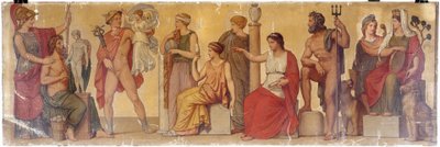 "Prometeo modelando al primer hombre", composición del atrio de la casa pompeyana del príncipe Napoleón, hacia 1860 (óleo sobre lienzo sobre madera) de Sebastien Melchior Cornu