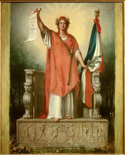 La república. Personificación de la República (Marianne) llevando un pergamino en el que está escrito 