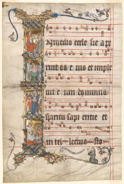 Hoja del Gradual de Wettinger: Inicial historiada (I) con escenas de la vida de San Agustín de Second Master of the Wettinger Gradual