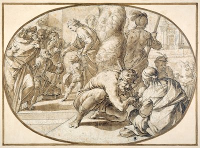 Una reina distribuyendo limosnas a un mendigo lisiado en el templo de Jerusalén, principios del siglo XVII de Second School of Fontainebleau