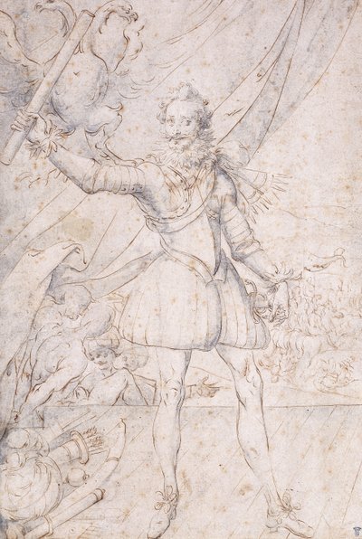Rey Enrique IV, de cuerpo entero, un trofeo de las armas otomanas a sus pies, levantando un pergamino frente a un águila de Second School of Fountainebleau