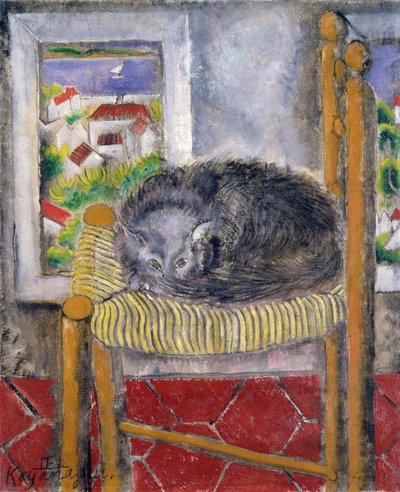 Gato en una silla de junco (óleo sobre lienzo) de Sei Koyanagui