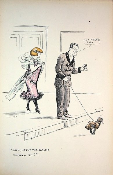 Pareja esperando a que un perro termine su negocio, c.1921 de Sem