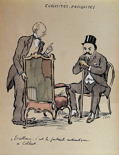 Coleccionista de arte rico inspeccionando una silla supuestamente propiedad de Colbert. c.1919 de Sem