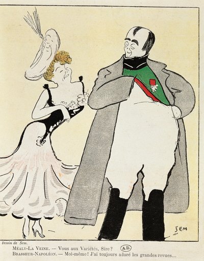 Actor Albert Bresseur en el papel de Napoleón en Madame Sans-Gene, por Victorien Sardou, caricatura de 1893 de Sem