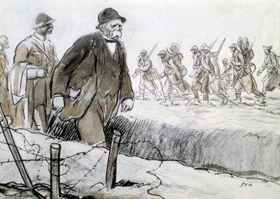 Primera Guerra Mundial: Retrato de Clemenceau (1841-1929) en una funda visitando el frente de Sem