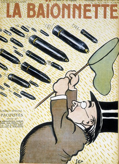 Hombre tratando de atrapar conchas con una red de mariposas - por Sem (1863 - 1934), en “La Bayoneta: los pacifistas” del 03/08/1916 de Sem