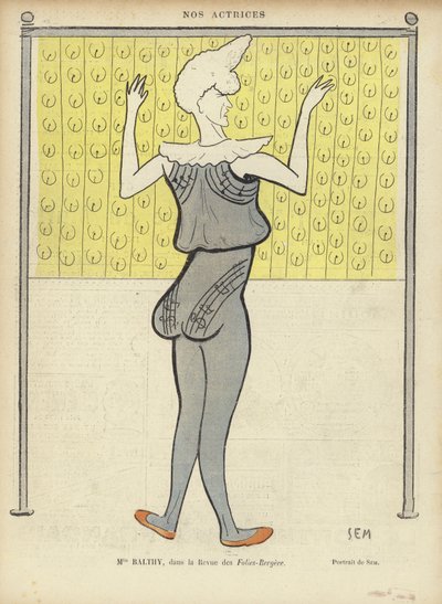 Louise Balthy, actriz francesa, en el Folies-Bergere, ilustración para Le Rire de Sem