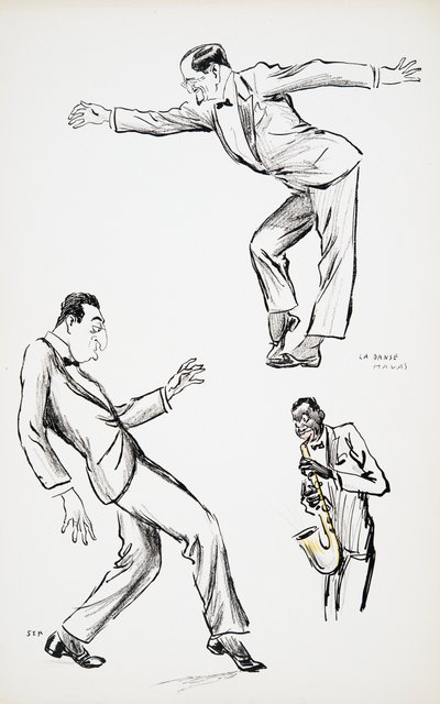 Dos caballeros en traje negro realizan La Danse Havas al son de un saxofón, de White Bottoms, pub. 1927 de Sem