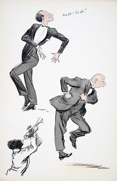 Dos hombres en trajes bailando mientras un músico toca la trompeta, de White Bottoms, pub. 1927 de Sem