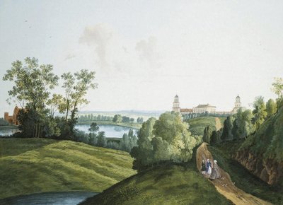 ""Paisaje con una granja en el parque en Tsarskoye Selo"" de Semyon Fyodorovich Shchedrin (Semion Chtchedrine) (1745-1804). Gouache y tinta sobre papel de Semen Fedorovich Shchedrin
