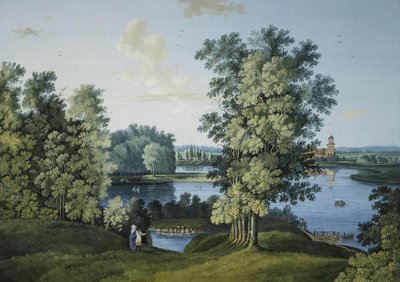 ""Vista del estanque grande en el parque en Tsarskoye Selo"" de Semyon Fyodorovich Shchedrin (Semion Chtchedrine) (1745-1804), gouache y tinta sobre papel de Semen Fedorovich Shchedrin