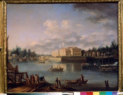 Vista del Palacio Kamennoostrovsky desde el terraplén Strogonov, San Petersburgo. Pintura de Semyon Fyodorovich Shchedrin (Semion Shchedrin) (1745-1804), óleo sobre lienzo de Semen Fedorovich Shchedrin
