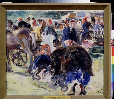 Una feria. Plaza de mercado provincial con campesinas y comerciantes. Pintura de Semyon Gavrilovich Nikiforov (1877-1912), óleo sobre lienzo de Semen Gavriilovich Nikiforov