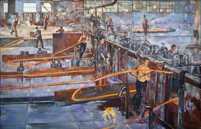 Le plan quinquennal - El taller de laminación en caliente de la Fábrica de Clavos Rojos en Leningrado par Pavlov, Semyon Andreevich (1893-1941). Óleo sobre lienzo, tamaño : 181x270 de Semyon Andreevich Pavlov