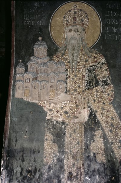 Rey Esteban Uroš II Milutin con un modelo de la iglesia, 1311-21 de Serbian School