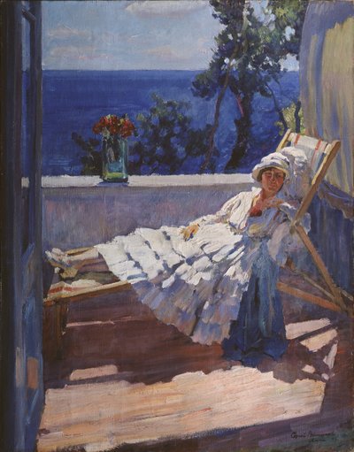 Una dama en el balcón, 1916 de Sergei Arsenevich Vinogradov