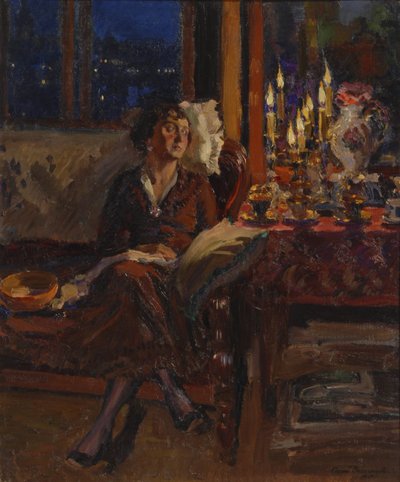 Dama con libro en un interior, 1917 de Sergei Arsenevich Vinogradov