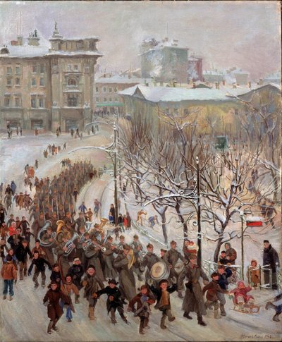 Los hombres del Ejército Rojo. Desfile de las tropas de la Unión Soviética por las calles de una ciudad cubierta de nieve durante la Segunda Guerra Mundial (1939-1945), precedido por una banda de música y acompañado por niños alegres. Pintura de Sergei Iva de Sergei Ivanovich Markin