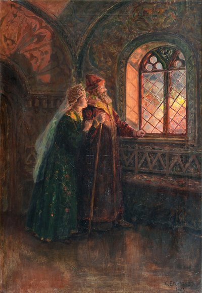 Zar Alexei Mikhailovich y Maria Miloslavskaya durante el incendio de Moscú, 1903 de Sergei Semyonovich Yegornov