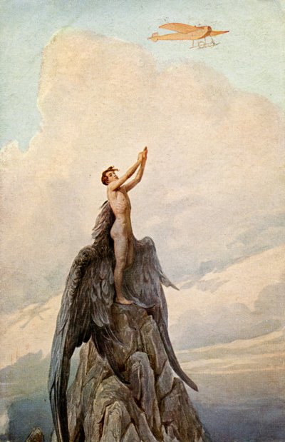 Transportes. Aviación. El sueño de Ícaro. Ícaro y avión. Ilustración de J. Solomko, Hungría, c.1916. (tarjeta postal) de Sergei Sergeevich Solomko
