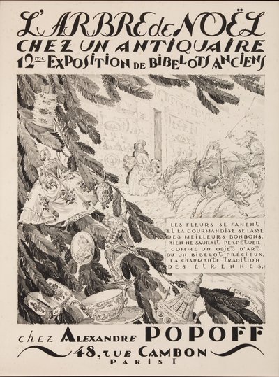 El árbol de Navidad en un anticuario, 12ª exposición en Alexandre Popoff, 1933 de Sergei Vasilevich Chekhonin