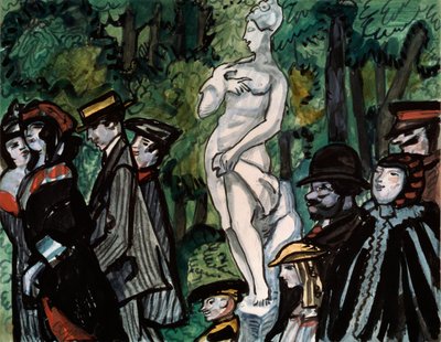 En el jardín de verano. (Familias con sus mejores galas paseando alrededor de una estatua en San Petersburgo). Obra de Sergei Yurievich Sudeykin (Sergei Sudeikin) (1882-1946), lápiz, gouache y tinta sobre papel. Arte ruso de Sergei Yurevich Sudeikin