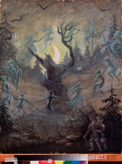 Noche en la víspera de Iván Kupala (equivalente folclórico ruso del día de San Juan, en pleno verano) - Pintura de Sergei Yurievich Sudeykin (Sergey Sudeikin) (1882-1946), temple sobre madera, arte ruso, f de Sergei Yurevich Sudeikin