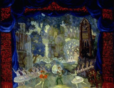 El parque frente al castillo, boceto para la escenografía de "El lago de los cisnes" de Tchaikovsky, representada en el Pequeño Teatro Dramático de San Petersburgo de Sergei Yurevich Sudeikin
