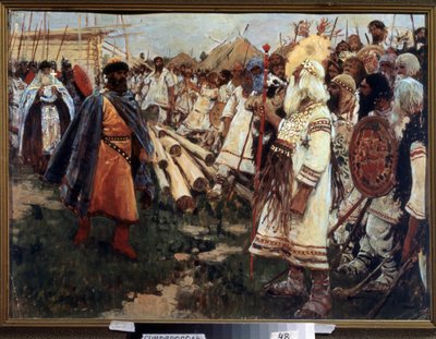 ""Cristianismo y paganismo"" Cristianización de Ucrania - Alegoría de las dos religiones cara a cara - Pintura de Sergei Ivanov (1864-1910) 1909 Museo Regional de Arte, Simferopol de Sergej Vasilevic Ivanov